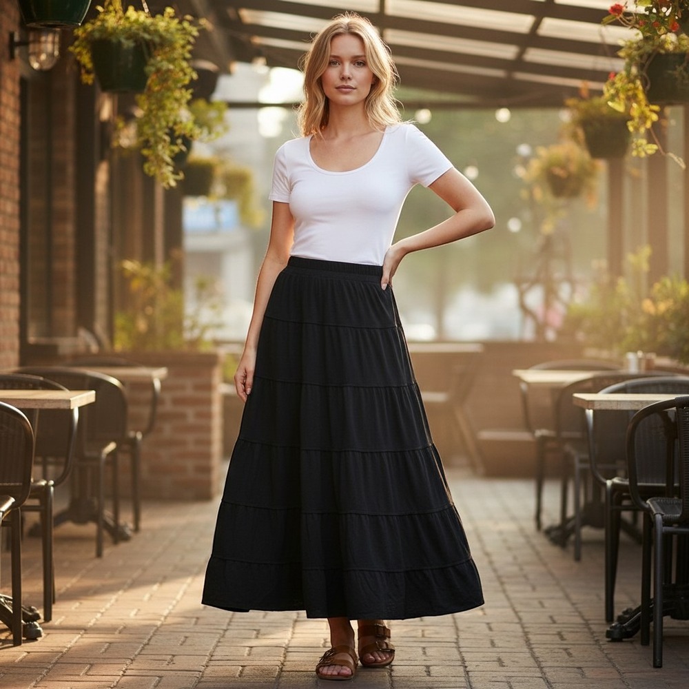 Max Studio Womens Tiered Maxi Skirt Black Knit Stretch Boho Casual Medium